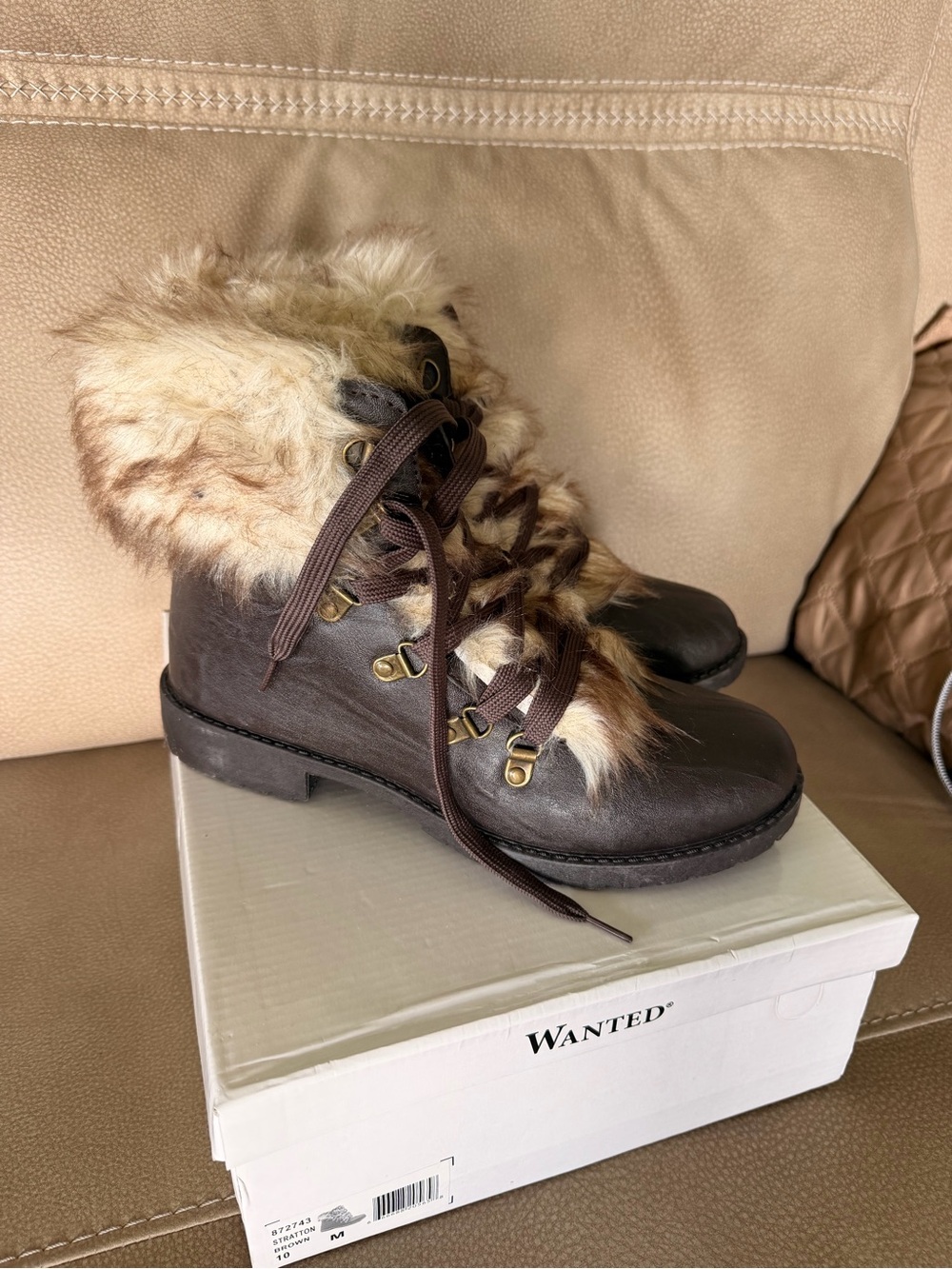 Wanted Dark Brown Faux-Fur Lace-Up Ankle Boots